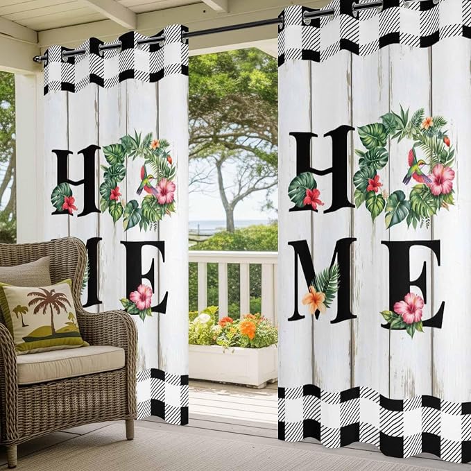 Summer Outdoor Curtains for Patio Leaves Garland Plumeria Wood Buffalo Plaid - Image 5