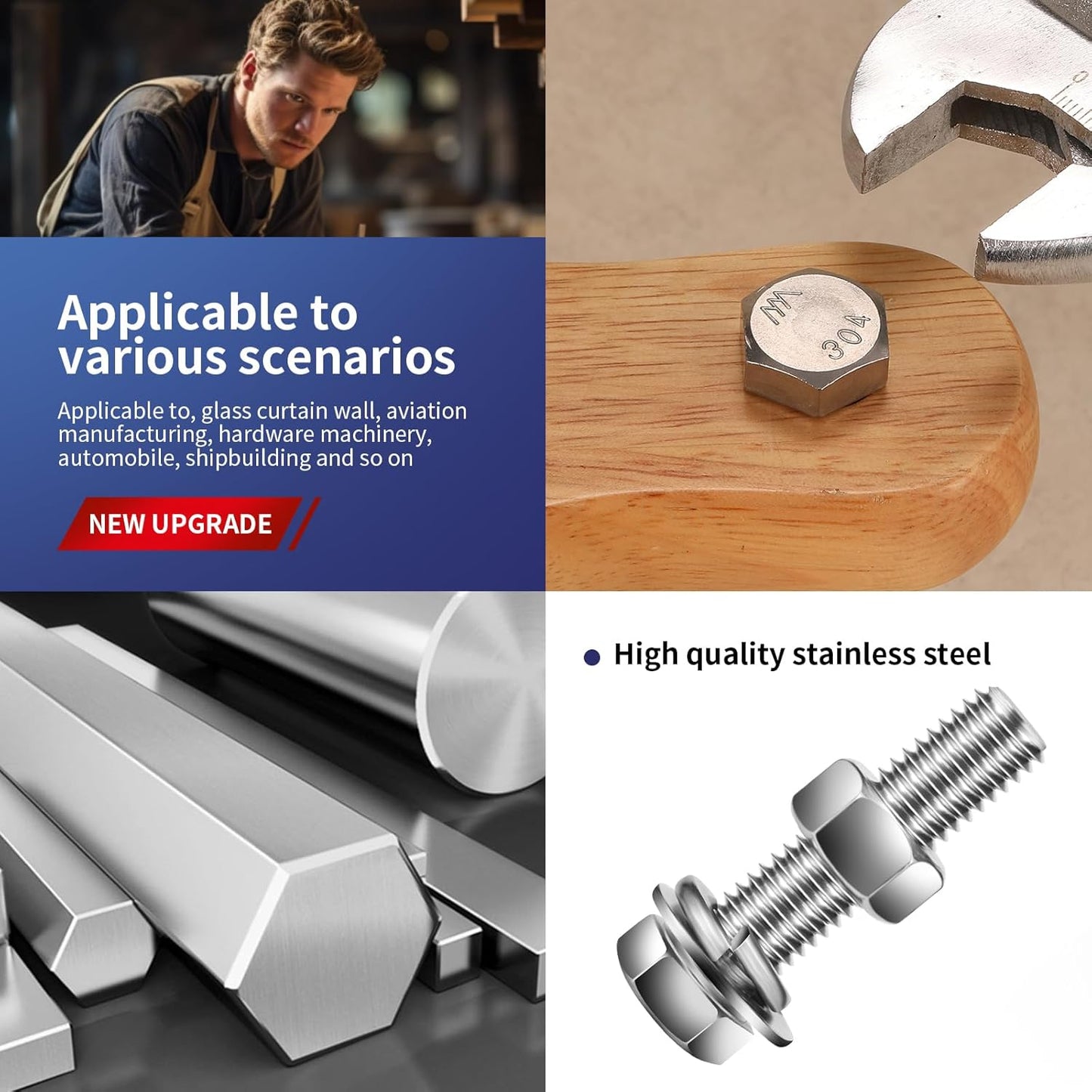 1/2-13 x 2-1/2" Hex Head Screw Bolt, Nuts, Flat & Lock Washers, 20Pcs 18-8 (304) Stainless Steel, Fully Threaded, by SG TZH