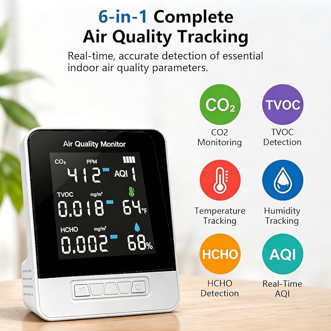6-in-1 Air Quality Monitor, Smart Indoor CO2 Detector & HCHO TVOC AQI Tester - Image 2