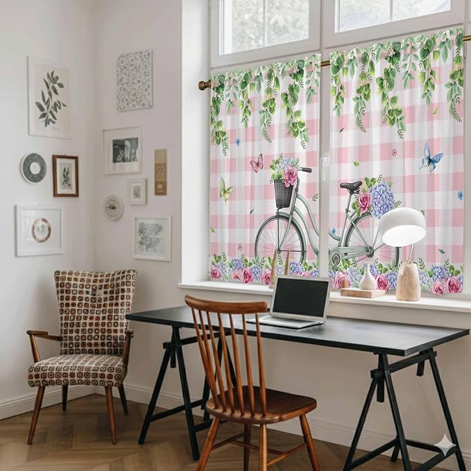 Spring Kitchen Curtains, Bicycles Leaves Butterfly Flowers Pink Buffalo Plaid - Image 6