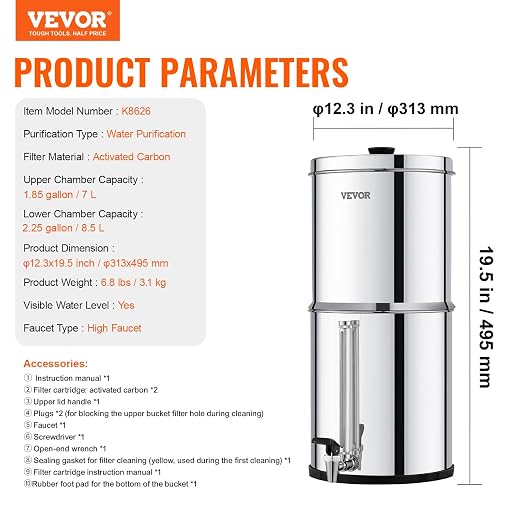 VEVOR Gravity-fed Water Filter System, 2.25G 304 Stainless-Steel Countertop - Image 7