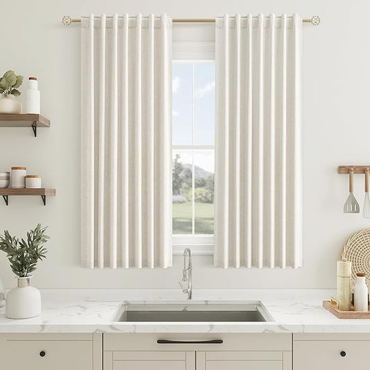 Guken 100% Blackout Cream Linen Curtains 52 Inch Wide by 56 Inch 2 Panels Set for Kitchen Small Windows Back Tab Thermal Insulated Black Out Linen Drapes Room Darkening Curtains