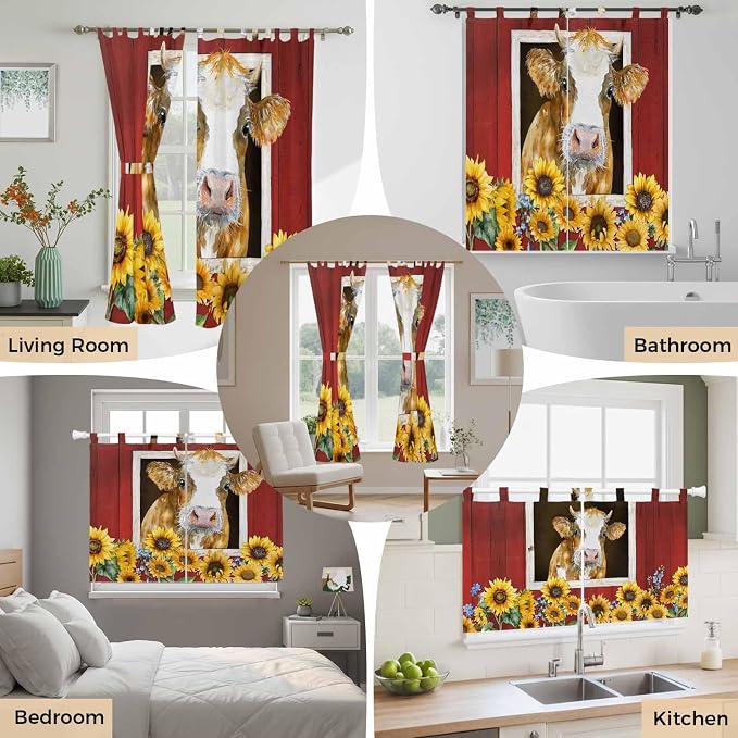 Cows Sunflowers Living Room Curtains 96 Inch Length, Window Curtains Tab Top - Image 7