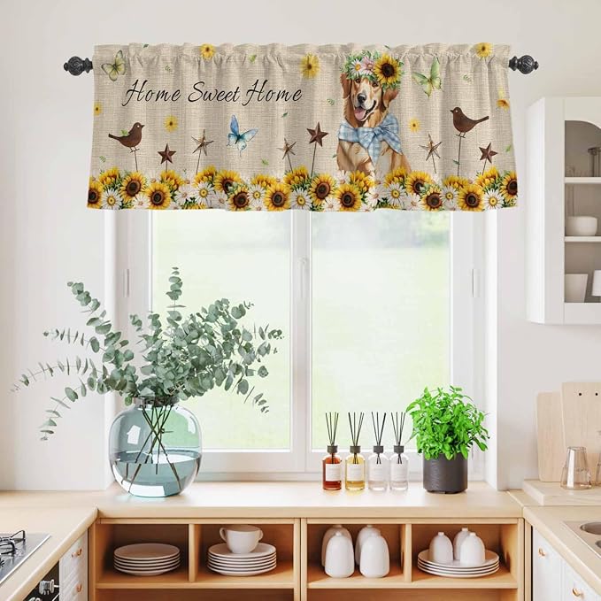 Kitchen Curtains Tiers and Valance Set of 3, Sunflowers Dog Light Filtering - Image 4
