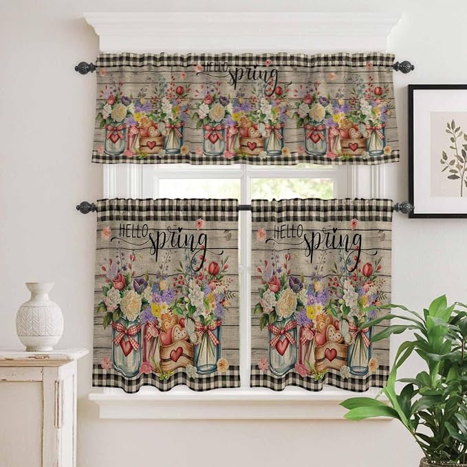 Spring Flowers Kitchen Curtain Set, Farmhouse Vintage Black Plaid Wood Grain - Image 2