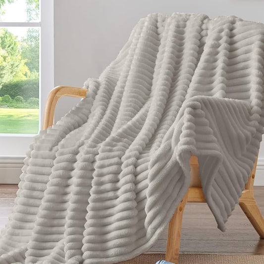 BEDELITE Twin Blanket for Couch & Bed, 300GSM Soft & Warm Fleece Blanket, Decorative and Giftable Striped Light Grey Blankets for Women, Men, 60"x80"