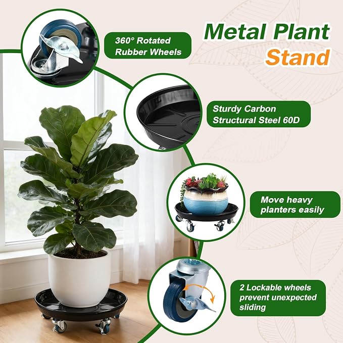 3 Packs Metal Plant Caddy with Wheels 13" Rolling Plant Stand Heavy Duty Plant - Image 3