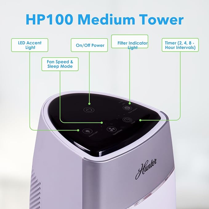 Hunter Fan Company HP100WHS Air Purifier, Small Tower - Image 3