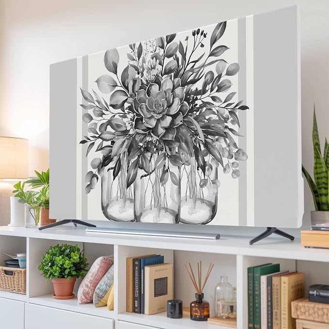 Retro Flower Vase Retro Plant Indoor TV Cover, Elastic TV Screen Protector Grey - Image 6