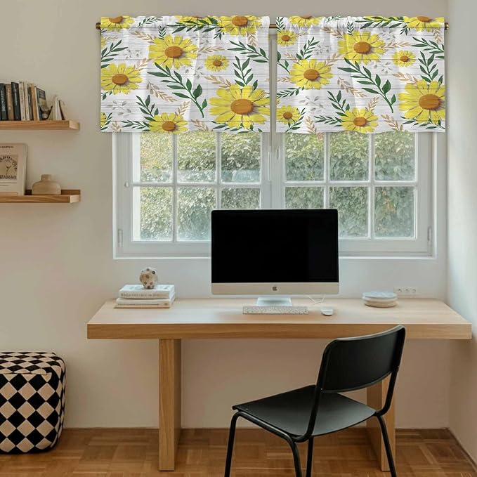Yellow Daisy Tier Curtains, Farmhouse Country Flower Leaf Plant Wood Grain - Image 6