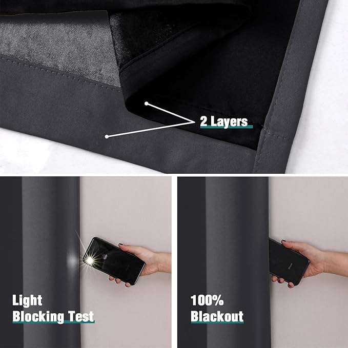 ChrisDowa 100% Blackout Curtains for Bedroom with Black Liner, 2 Thick Layers Total Blackout Thermal Insulated Grommet Window Curtains 63 Inch Length 2 Panels Set (Dark Grey, 52 x 63 Inch)
