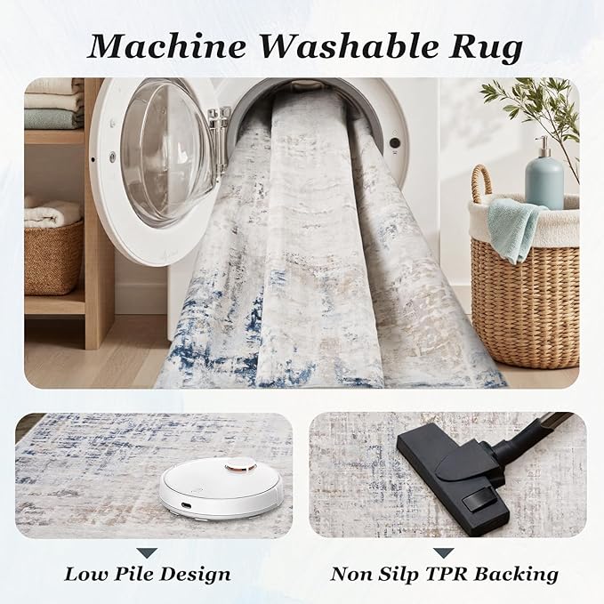 6 x 9 Area Rugs for Living Room, Machine Washable Non Slip Rug Ultra Soft Low Pile Indoor Carpet Modern Abstract Rugs for Bedroom Office Room Dining Room Beside, Blue/Grey