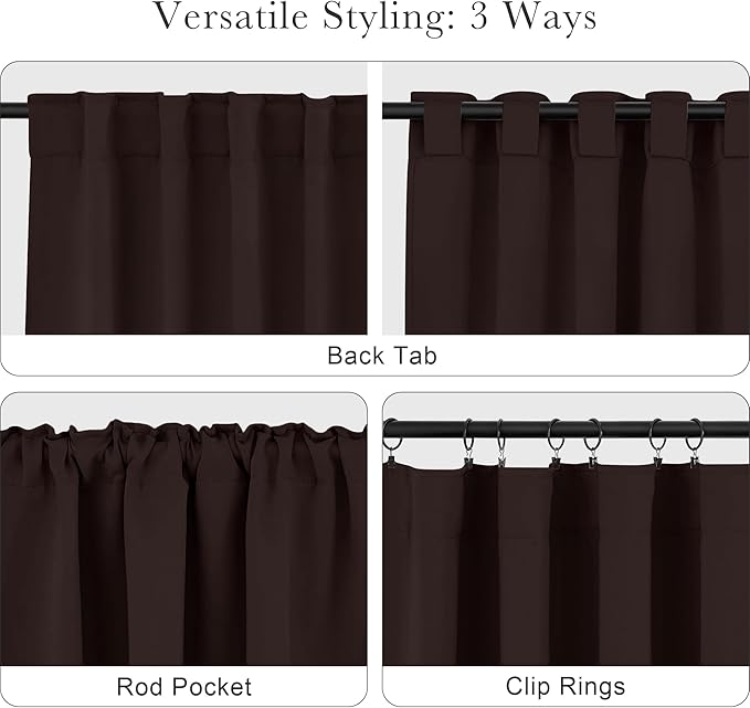 PONY DANCE Black Out Curtains for Bedroom Window, Room Darkening 96 inch Curtains 2 Panel Set, Thermal Insulated Drapes for Living Room Window Treatment, Back Tab/Rod Pocket, 52 x 96 Inch, Brown