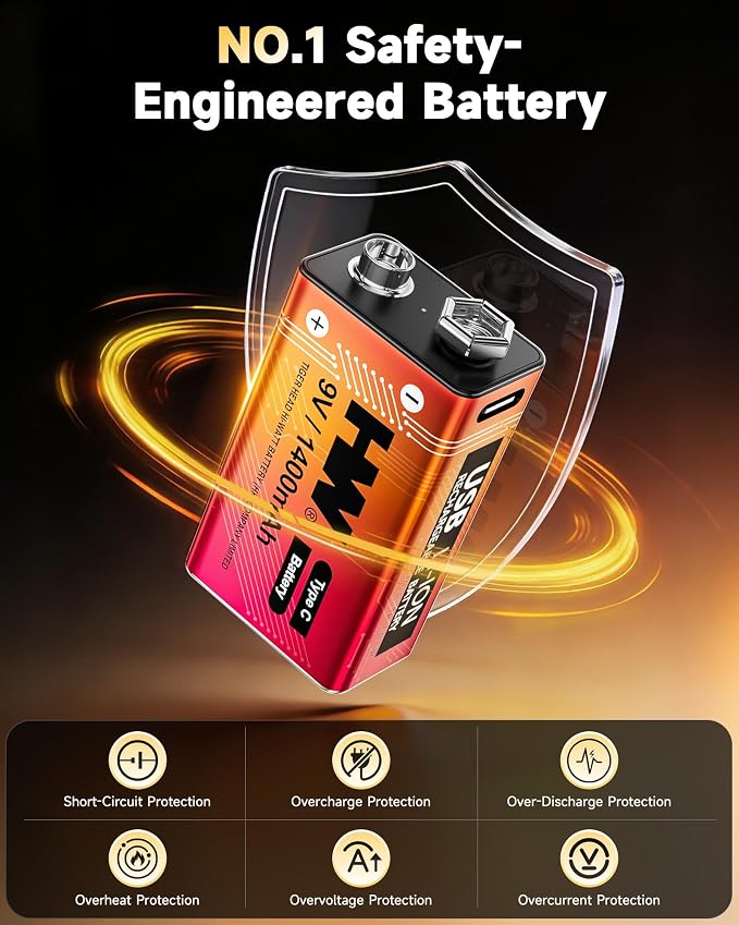 HW 9 Volt Batteries 4 Pack, 1400mAh Rechargeable Lithium Battery 9V - Image 5
