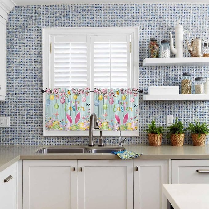 Happy Easter Half Window Curtain 36 Inches Long, Spring Bunny Eggs Flower Teal - Image 2