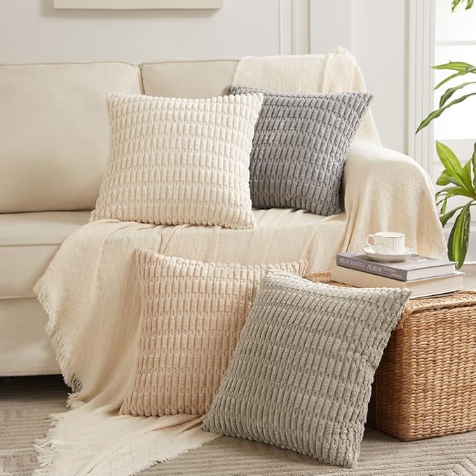 Fancy Homi 4 Packs Neutral Big Decorative Throw Pillow Covers 24x24 Inch for Living Room Couch Bed Sofa, Rustic Farmhouse Boho Home Decor, Soft Plush Striped Corduroy Square Cushion Case 60x60 cm