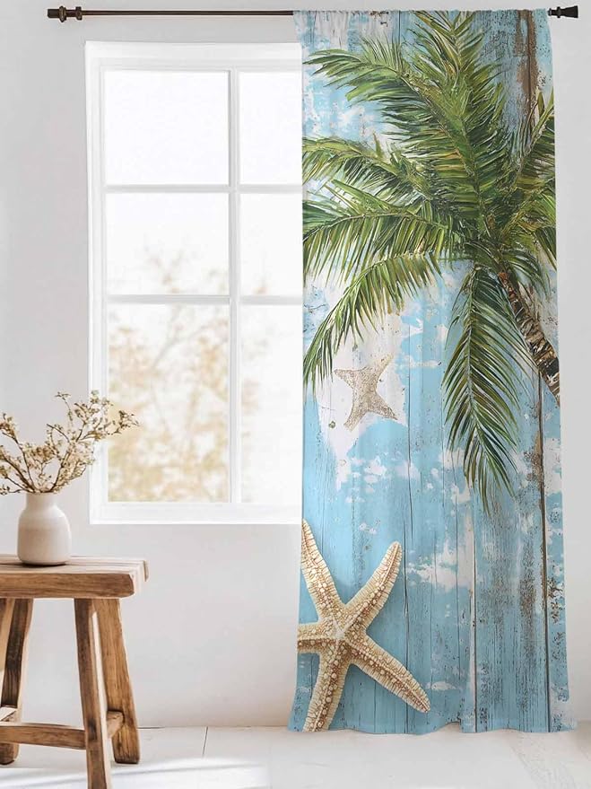 Sheer Curtains 108 Inches Long, Coastal Beach Blue Semi Sheer Curtains Light - Image 3