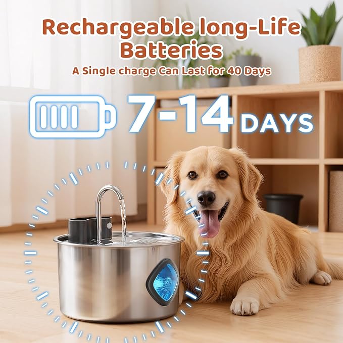 3.2L Wireless Pet Water Fountain, 4000mAh Rechargeable Stainless Steel Dispenser - Image 5