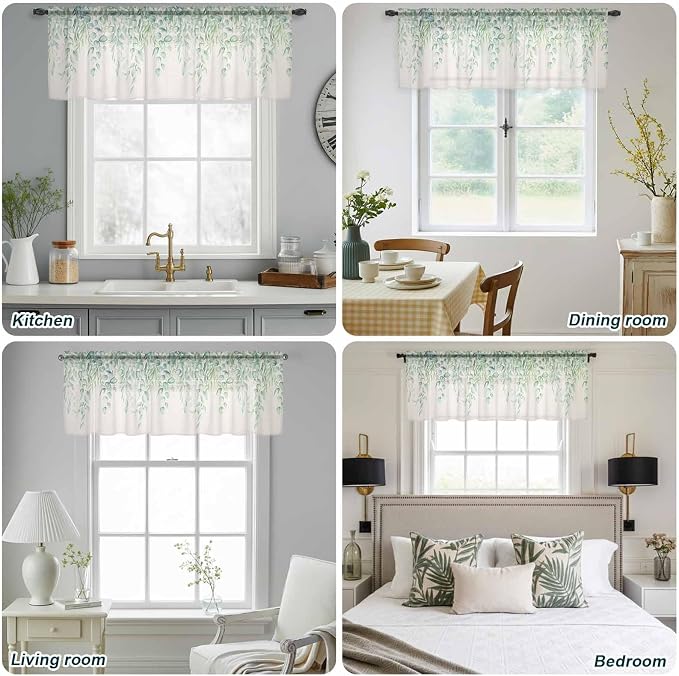 Green Leaf Sheer Valance Curtains, Eucalyptus Leaves Vintage Linen Texture - Image 9