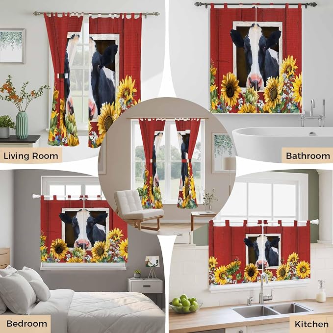 Cow Sunflowers Living Room Curtains 84 Inch Length, Window Curtains Tab Top - Image 7