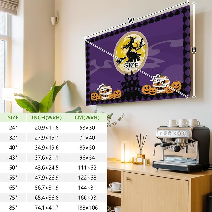 Halloween Full Moon Witch Riding Broom Indoor TV Cover, Elastic TV Screen - Image 3