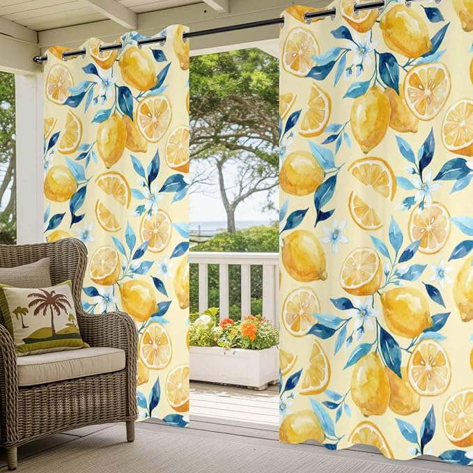 Lemon Outdoor Curtains for Patio Lemon Leaves Summer Plants Begin Waterproof - Image 5