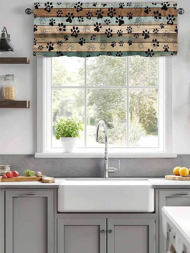 Dog Paws Valance Curtains for Kitchen, Teal Brown Wood Grain Privacy Rod Pocket - Image 4