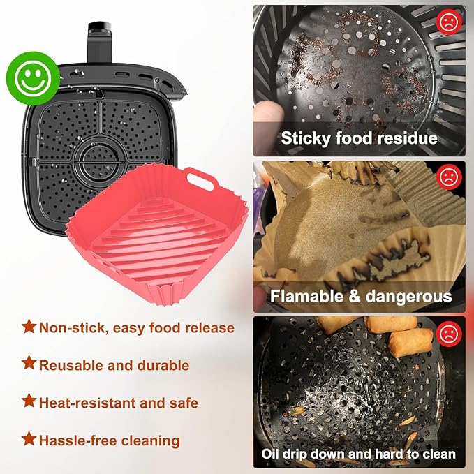 3 Pcs Silicone Air Fryer Liners Square Airfryer Liners 4-7 QT 7.1 Inch Reusable - Image 7