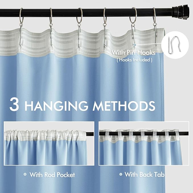 MIULEE Sky Blue Back Tab Blackout Curtain 96 Inch Long 2 Panels Set for Bedroom, Rod Pocket/Pinch Pleat Thermal Insulated Living Room Darkening Pleated Light Blocking Floor to Ceiling Drape