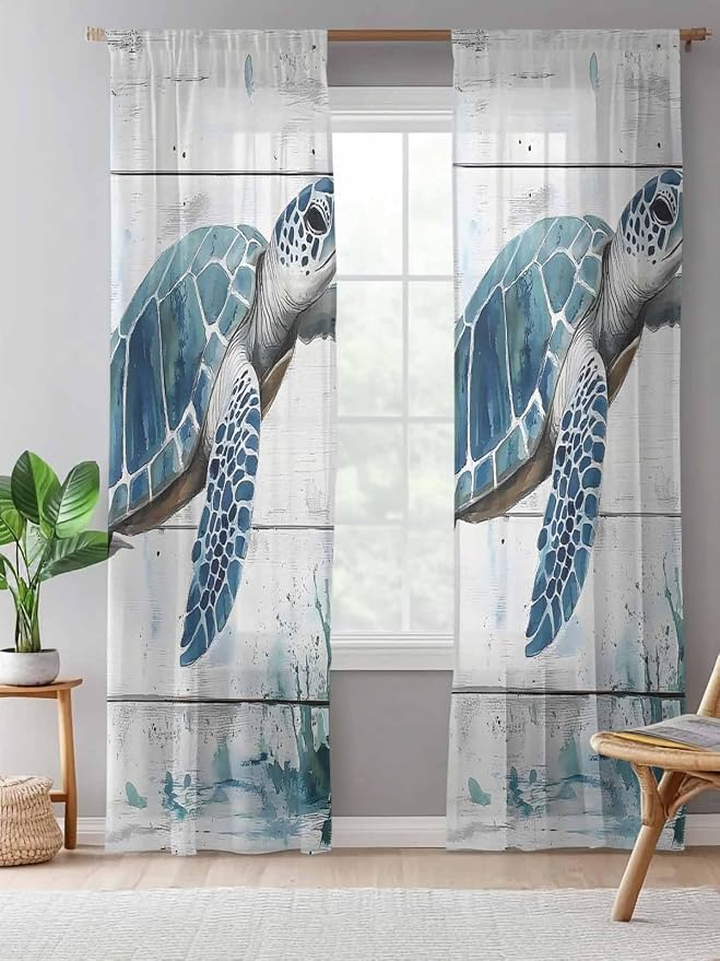 Sheer Curtains 96 Inches Long, Teal Green Sea Turtle Semi Sheer Curtains Light - Image 5