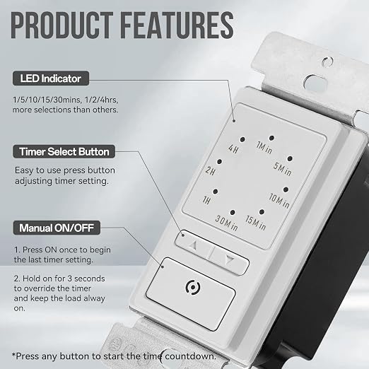 ECOELER 4Hrs Countdown Timer Switch, 1-5-10-20-30-60 Min, 2-4 Hour, Wall Timer - Image 2