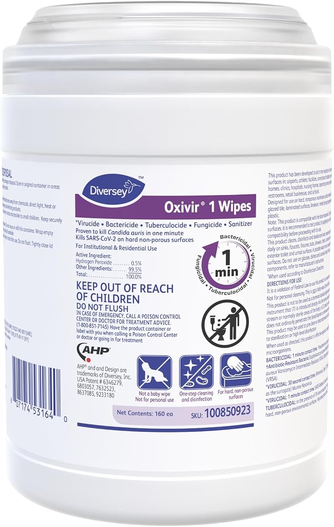 Oxivir Diversey 1 Disinfectant Peroxide Wipes, 160 Wipes | 1 Minute Contact Time by Oxivir