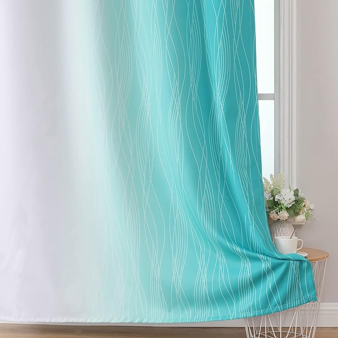 Estelar Textiler Teal and Greyish White Blackout Curtains & Drapes for Bedroom, Thermal Insulated Ombre Blackout Drapes, Room Darkening Energy Saving Curtains for Living Room, 42Wx63L, 2 Panels