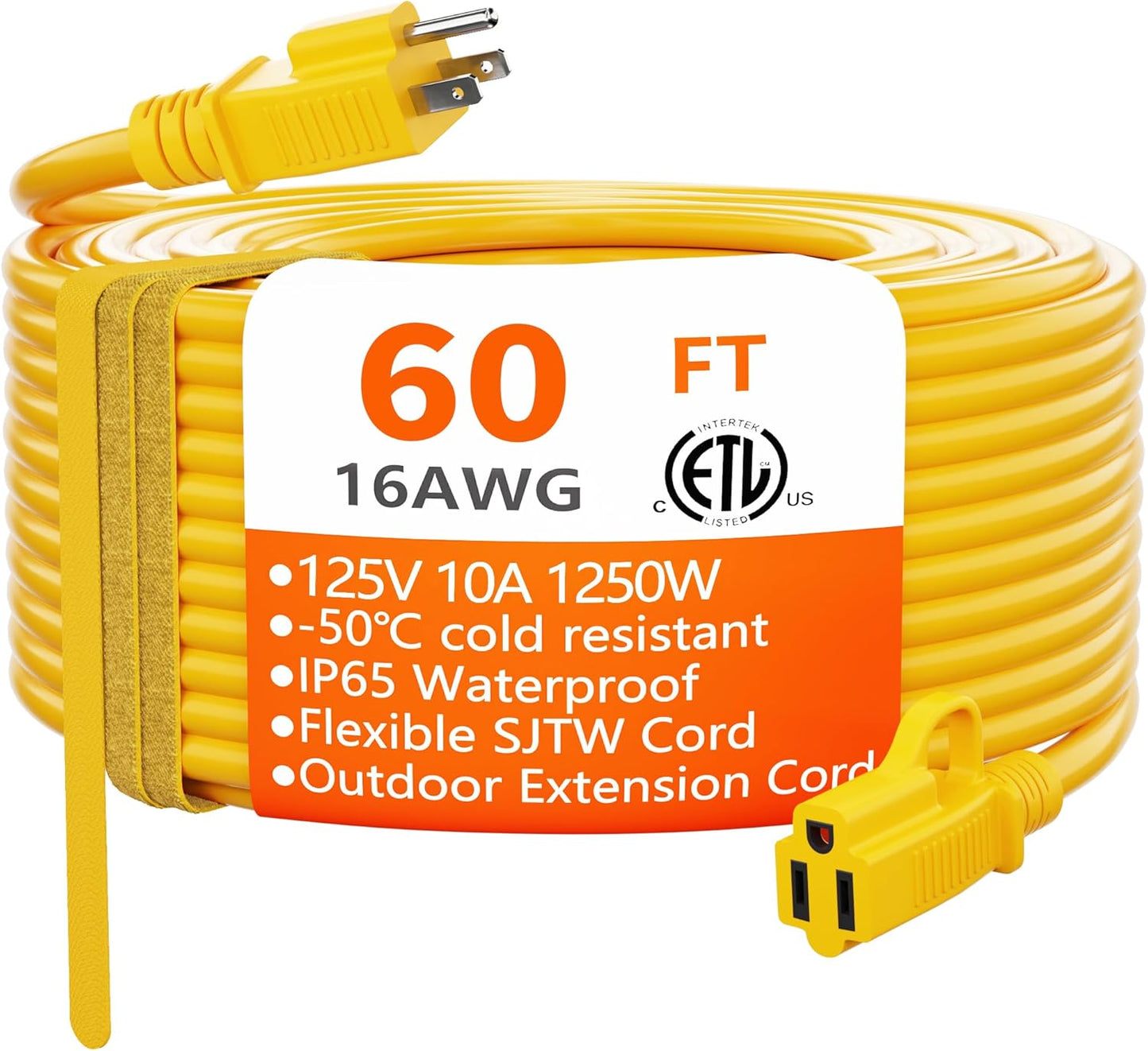 HUANCHAIN Outdoor Extension Cord 60 Foot Waterproof, 16/3 Gauge Flexible Cold-Resistant Appliance Extension Cable Outside, 10A 1250W 16AWG, 3 Prong Heavy Duty Electric Cord Yellow, ETL