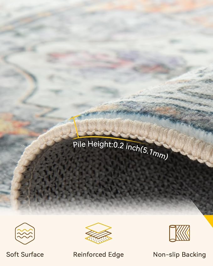 RELEANY Area Rugs 5'x8' Washable Non-Slip, Floral Vintage Distress Print Pattern Medallion Carpet for Living Room Bedroom Dining Room, Light Yellow Carbon Grey Orange