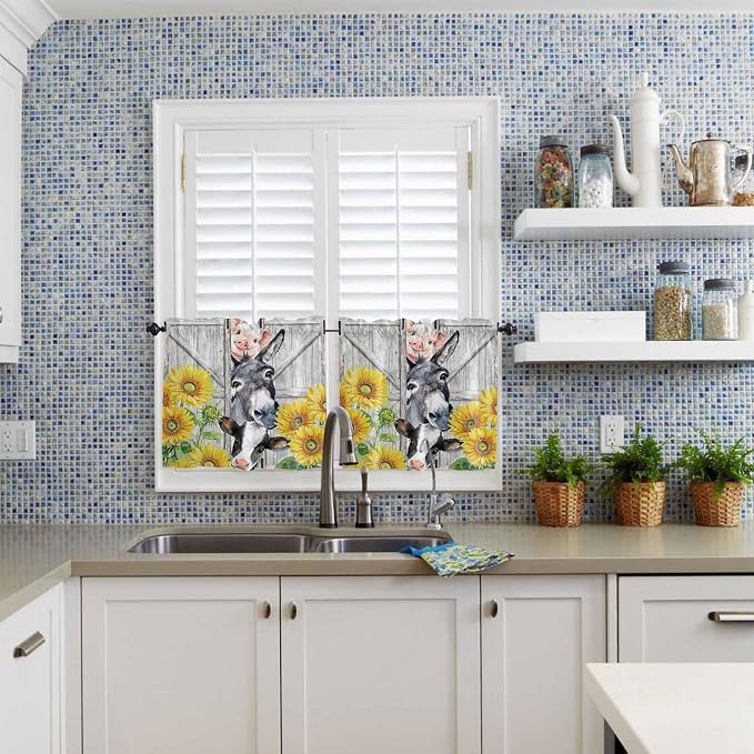 Farmhouse Half Window Curtains 24 Inches Long, Watercolor Sunflowers Animals - Image 2