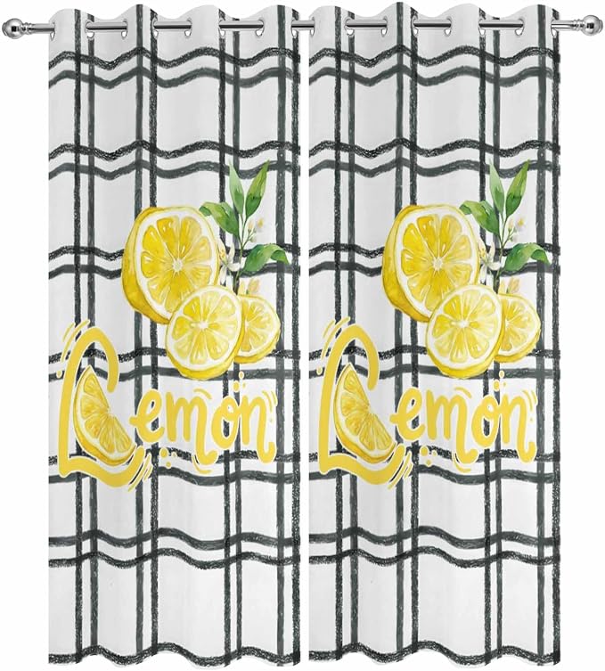Lemon Outdoor Curtains for Patio Lemon Leaves Summer Plaid Buffalo Waterproof - Image 9