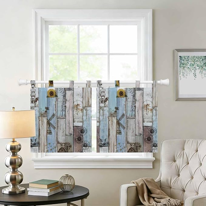 Blue Grey Wooden Kitchen Curtains 24 Inch Length, Small Window Curtains Tab Top - Image 2
