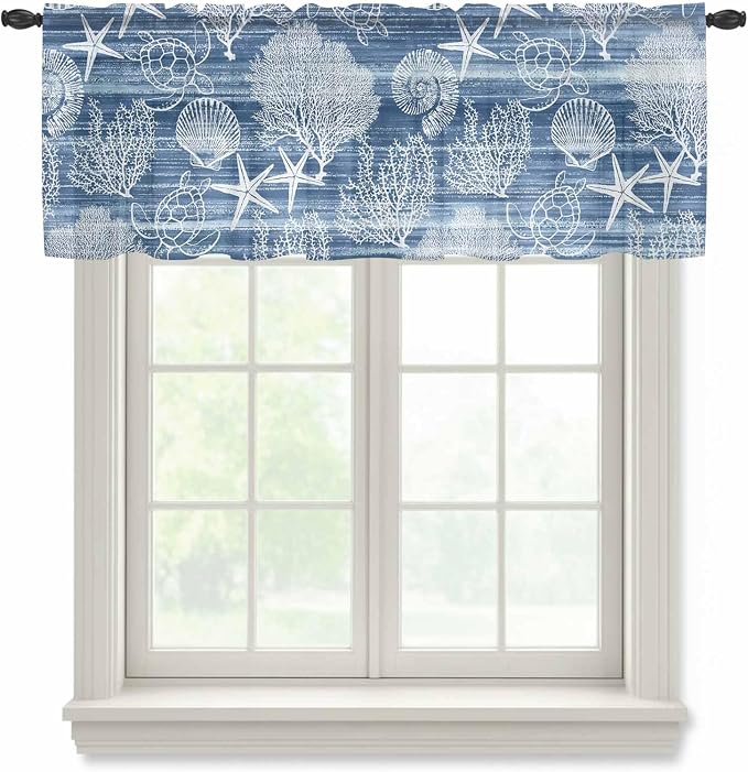 Navy Blue Retro Summer Sheer Valance Curtains, Sea Turtle Starfish Coral Ocean by Houseown