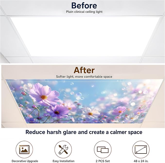 2 Pack Dreamy Purple Flower Decorative Ceiling Light Covers, Magnetic 4x2 Ft - Image 5
