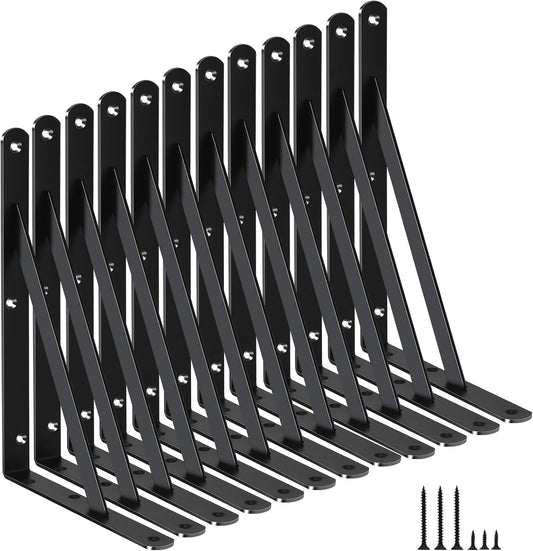 12 Pack L11 x H 8" Black Heavy Duty Shelf Brackets with Screws Metal Shelf Brackets Shelf Support Angle Brackets for Shelves L Brackets Heavy Duty Floating Shelf Brackets