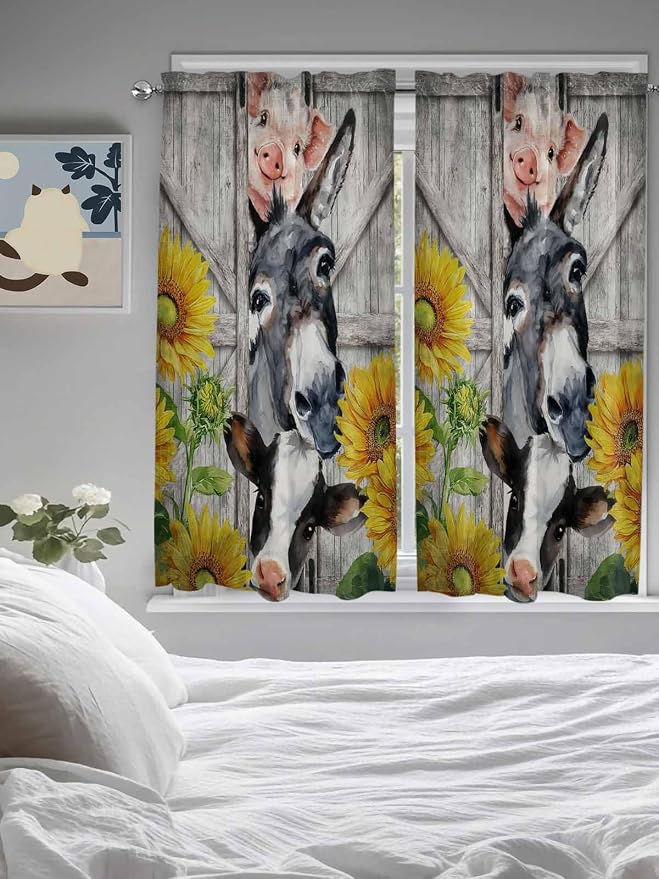 Farmhouse Bedroom Curtains 63 Inches length, Vintage Sunflowers Animals Printed - Image 5