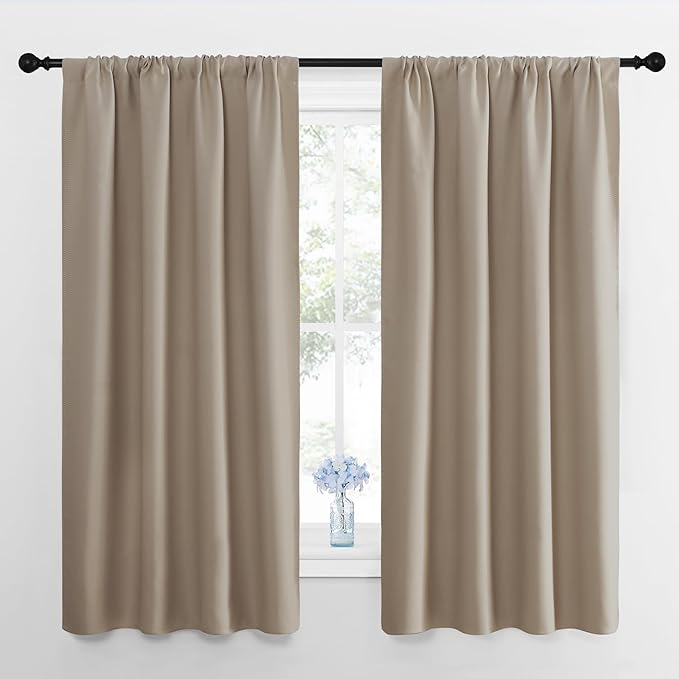 NICETOWN Window Curtains for Bedroom, Taupe, 2 Panels, W42 x L48 -Inch, Home Decoration Thermal Insulated Rod Pocket Blackout Blinds & Drapes for Small Windows