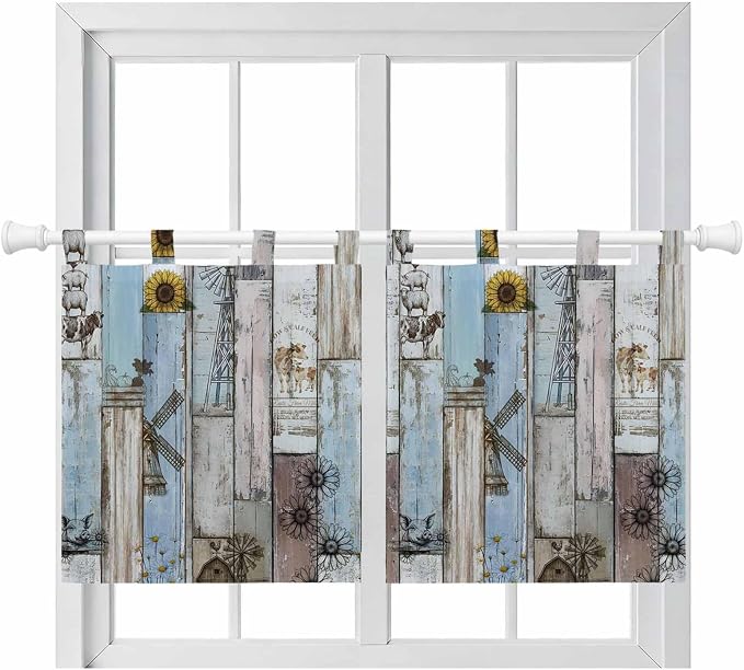 Blue Grey Wooden Kitchen Curtains 24 Inch Length, Small Window Curtains Tab Top by Unknown
