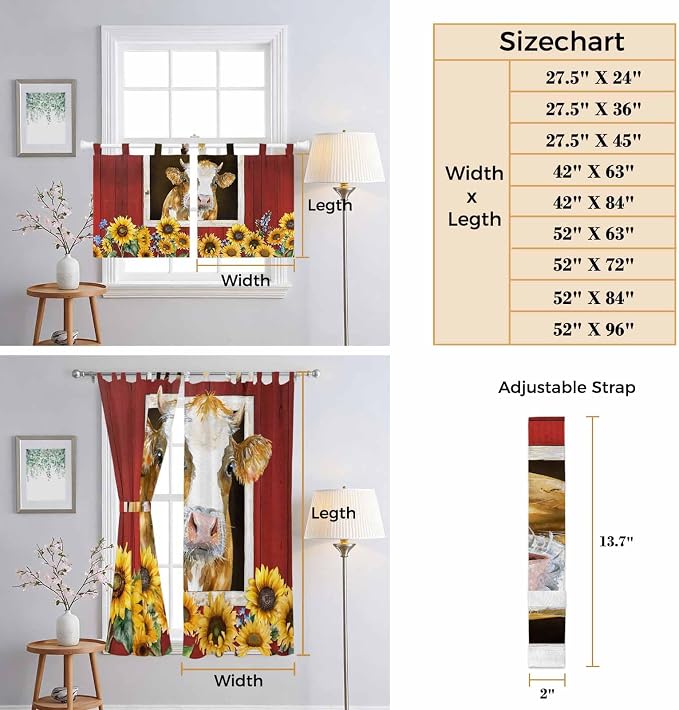Cows Sunflowers Living Room Curtains 96 Inch Length, Window Curtains Tab Top - Image 8