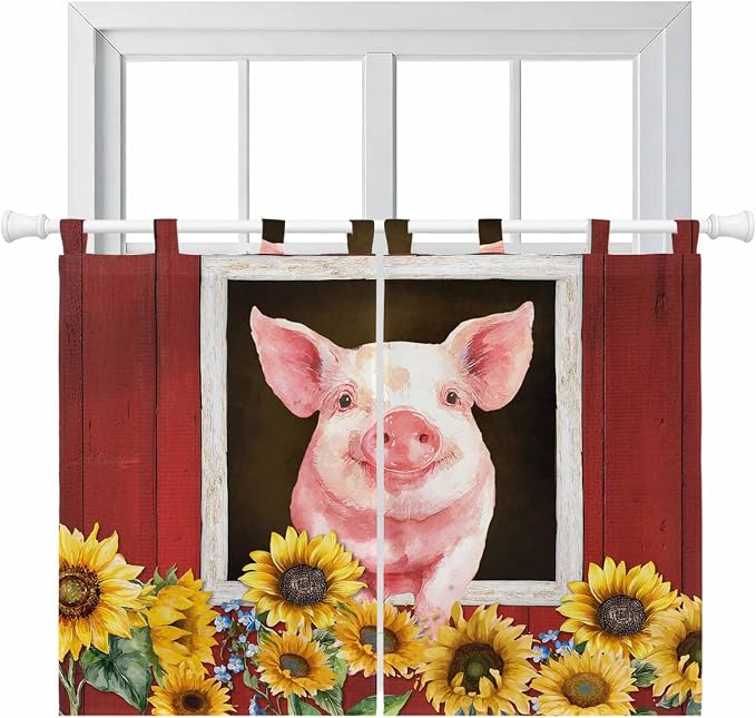 Pigs Sunflowers Bedroom Curtains 63 Inch Length, Window Curtains Tab Top by Unknown