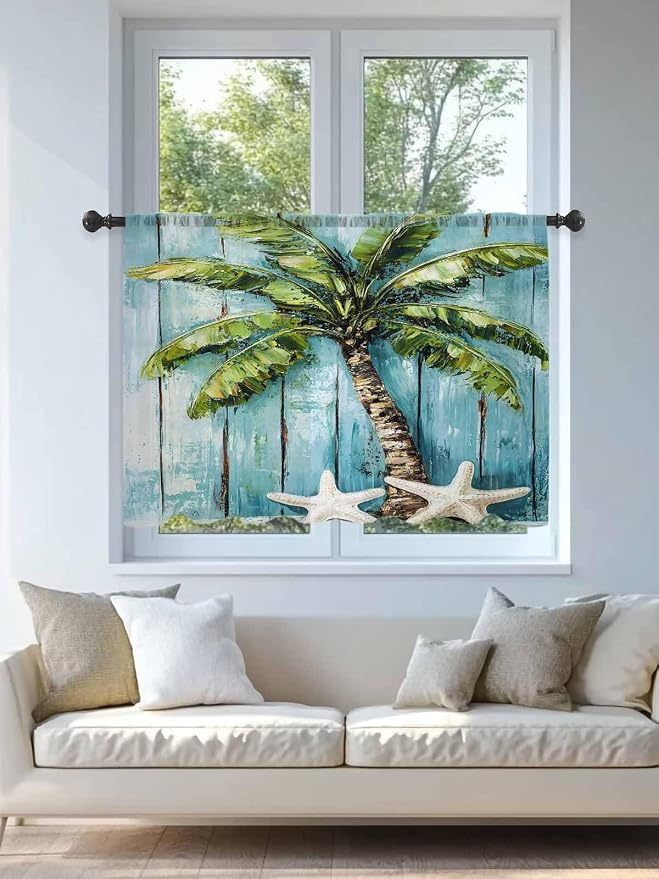 Sheer Curtains 54 Inch Length, Coastal Beach Starfish Semi Sheer Curtains Light - Image 4