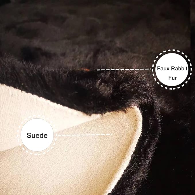 Ghouse Faux Rabbit Fur Round Rug 3ft Black Round Rugs for Bedroom Decor Fluffy Area Rugs for Living Room, no-Shedding Carpet Sheepskin Washable Rug Rome Decor