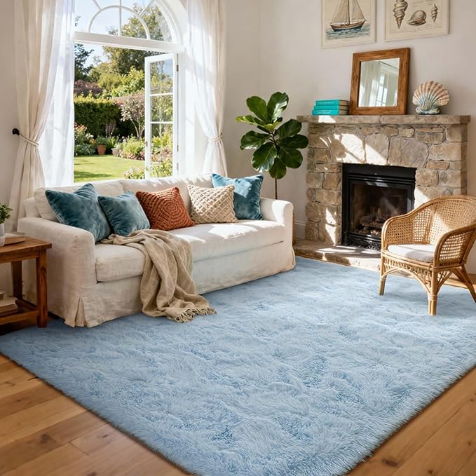 8x10 Ft Extra Large Shag Rugs for Living Room, Ultra Soft Fluffy Furry Area Rugs for Bedroom Indoor Floor, Aesthetic Carpet for Kids Home Decor (Light Blue)