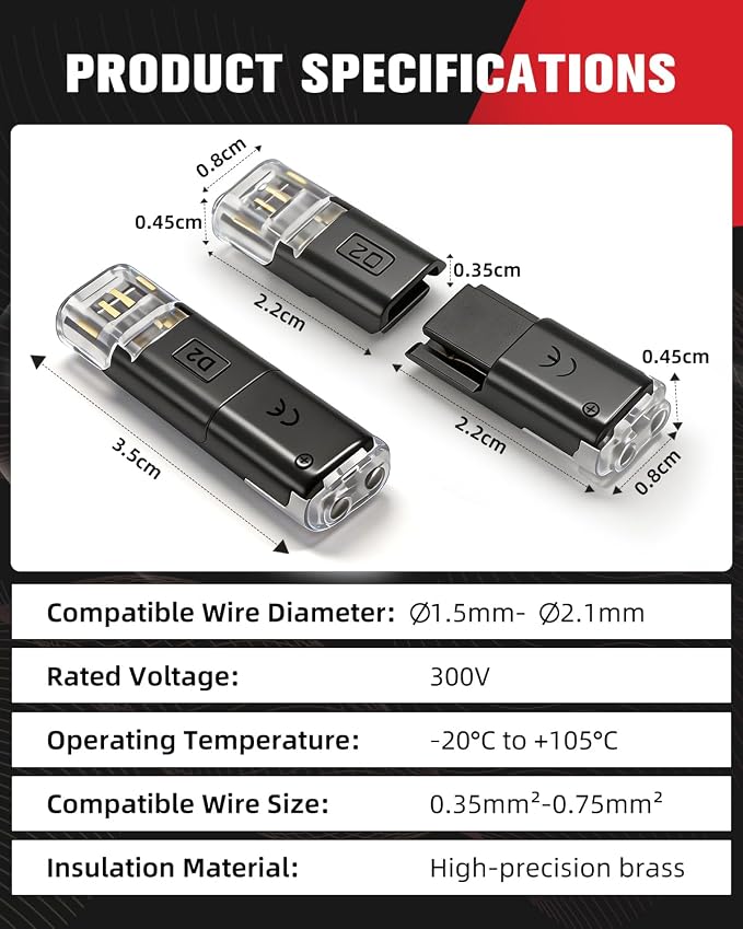 100pcs Double Wire Plug in Connector, 18-22AWG 2 Pin Low Voltage Wire Connectors - Image 7